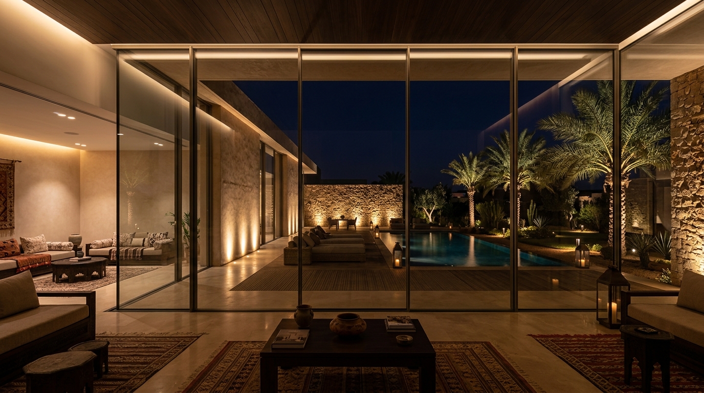 Perspective intérieure nocturne à travers une baie vitrée de 4m sans effet miroir donnant sur un jardin paysager