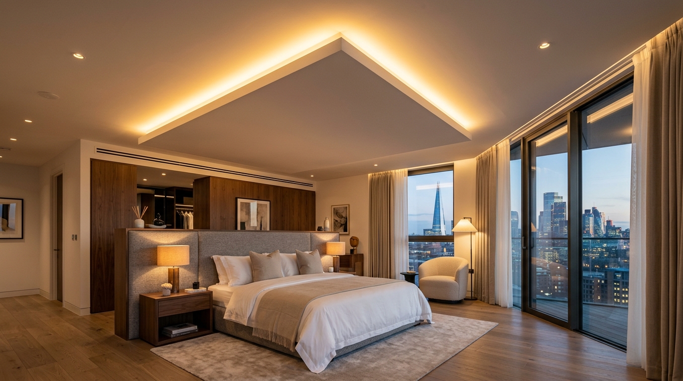 Éclairage indirect de faux-plafond suspendu et gradation fluide dans une suite parentale de luxe