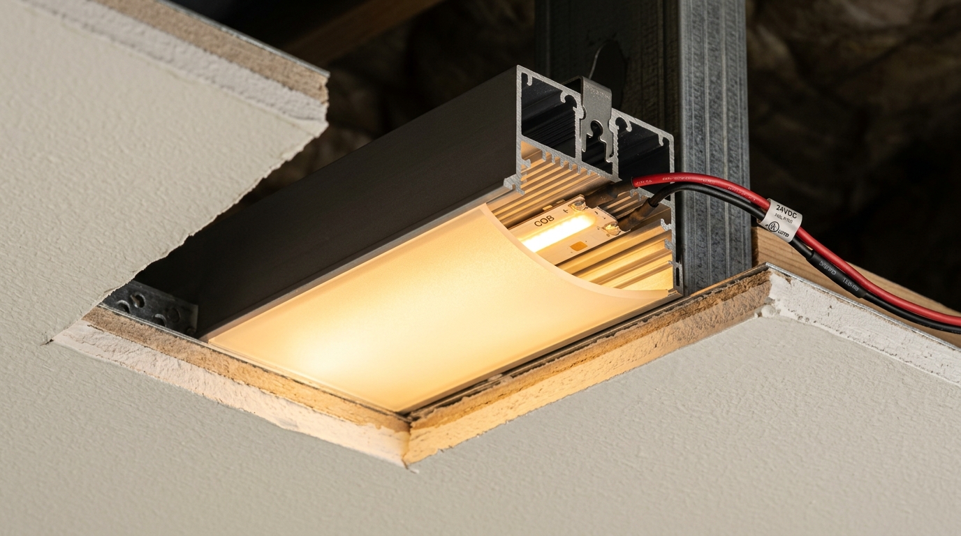Détail de pose profilé aluminium et ruban LED COB en gorge lumineuse de faux-plafond