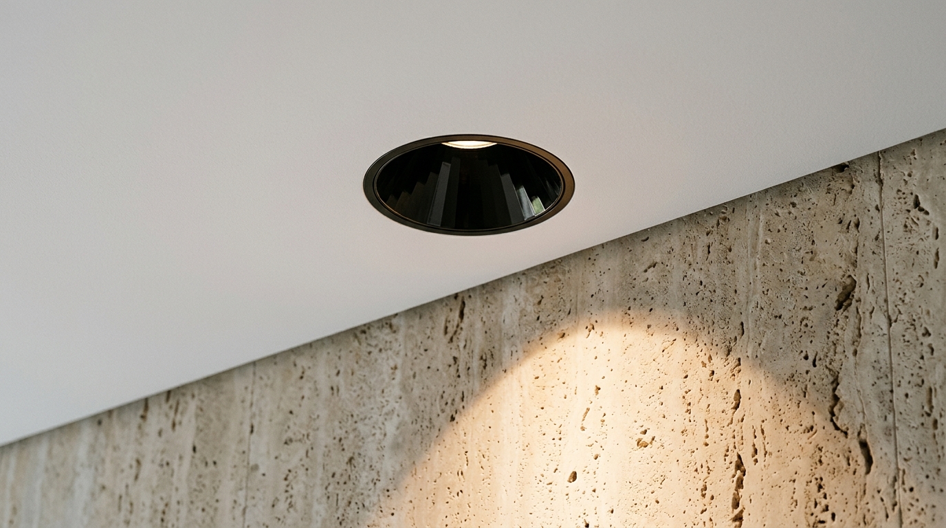 Détail d'un downlight encastré Dark Light à source profondément reculée dans un faux-plafond