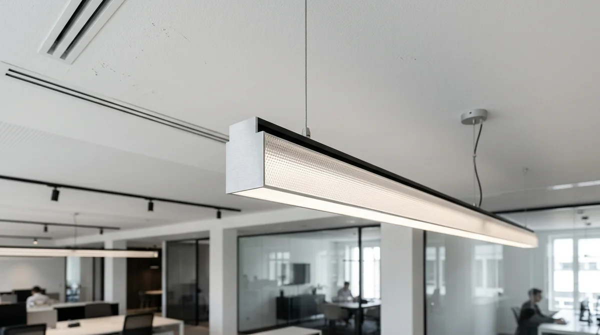 Gros plan sur un luminaire linéaire LED suspendu pour bureau équipé d'une optique microprismatique CDP antireflet UGR inférieur à 19
