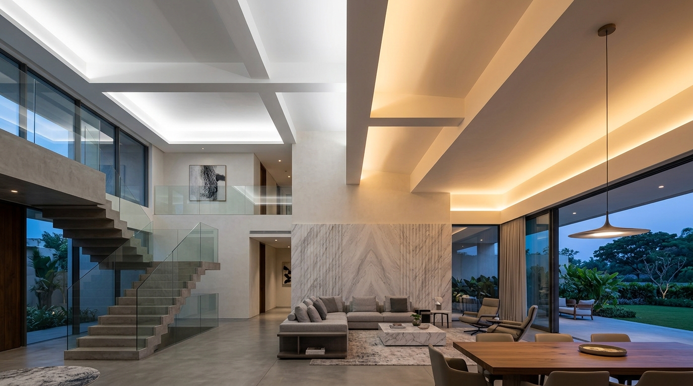 Ambiance feutrée en Dim-to-Warm et gorges lumineuses indirectes dans une villa d'architecte