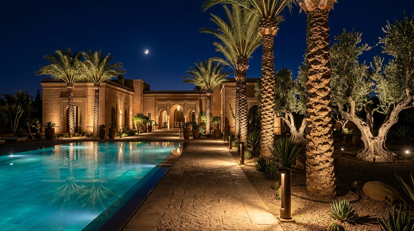 Éclairage de Jardin & Paysage au Maroc : Végétaux, Palmiers, Allées & Piscines