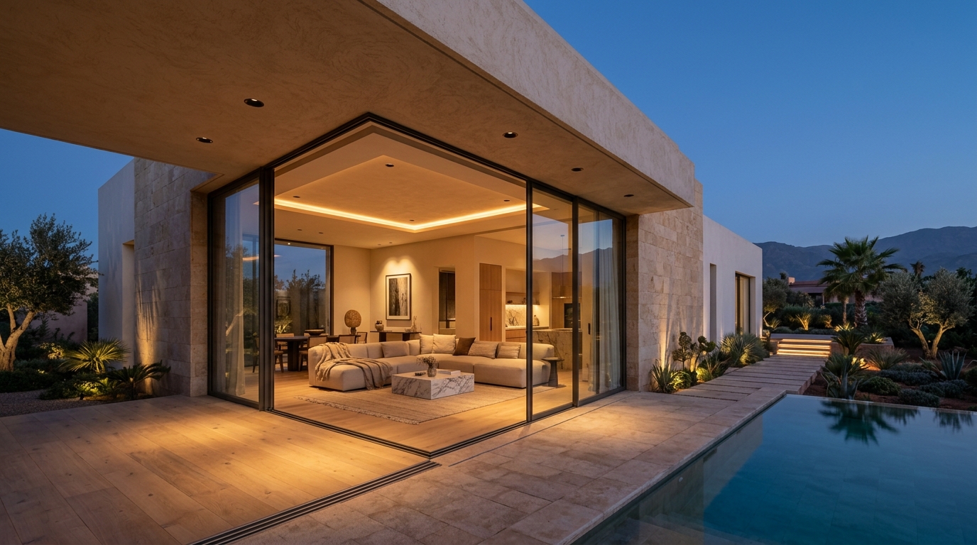Éclairage d'une Villa de Luxe sans Éblouissement : Baies Vitrées, Dark Light et Confort Nocturne au Maroc
