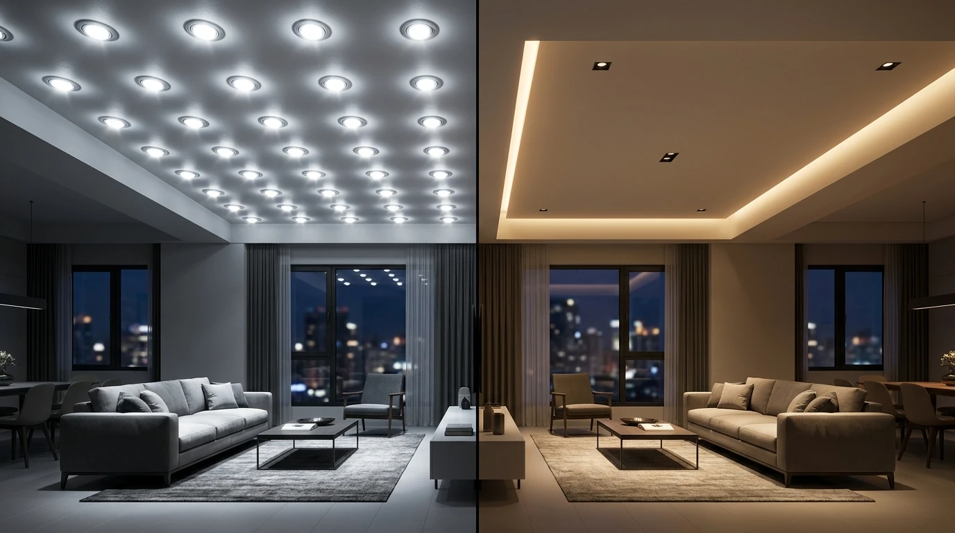 Comparatif conceptuel entre un plafond sur-équipé de spots et un plafond épuré avec éclairage architectural maîtrisé
