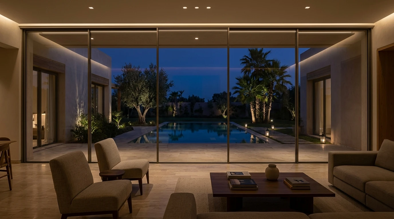 Vue nocturne à travers une baie vitrée de villa contemporaine avec équilibrage de luminance intérieur et extérieur