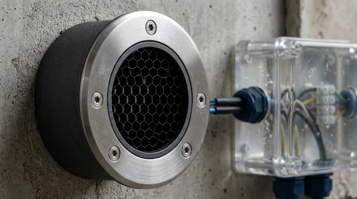 Détail technique d'un spot encastré extérieur étanche Inox 316L traité C5-M et boîte coulée à la résine IP68