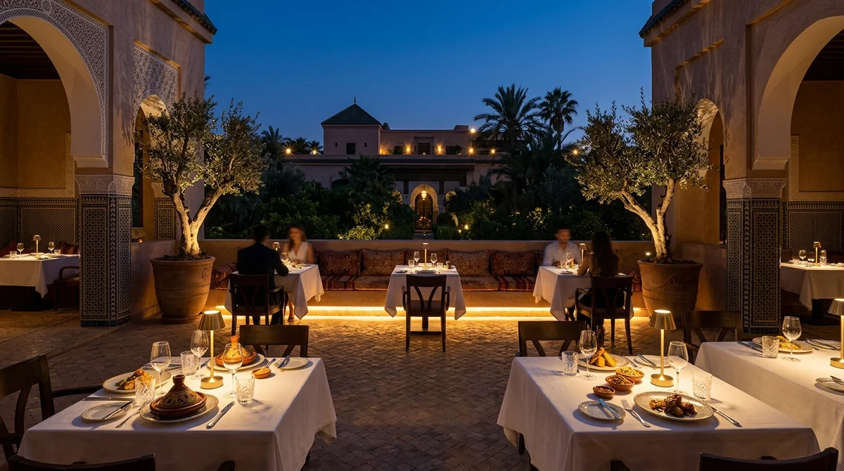 Ambiance nocturne chaleureuse sur une terrasse de restaurant gastronomique au Maroc avec éclairage 2200K Sunset Dimming