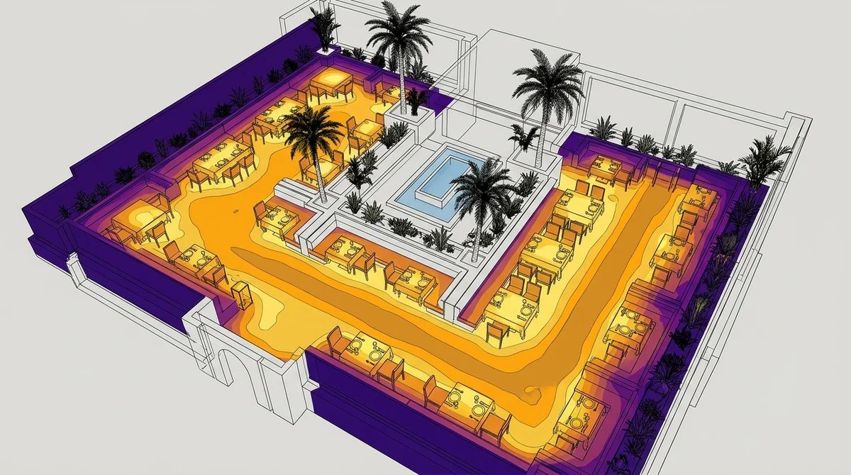 Simulation photométrique Dialux Evo en fausses couleurs montrant les lux d'une terrasse de restaurant au Maroc