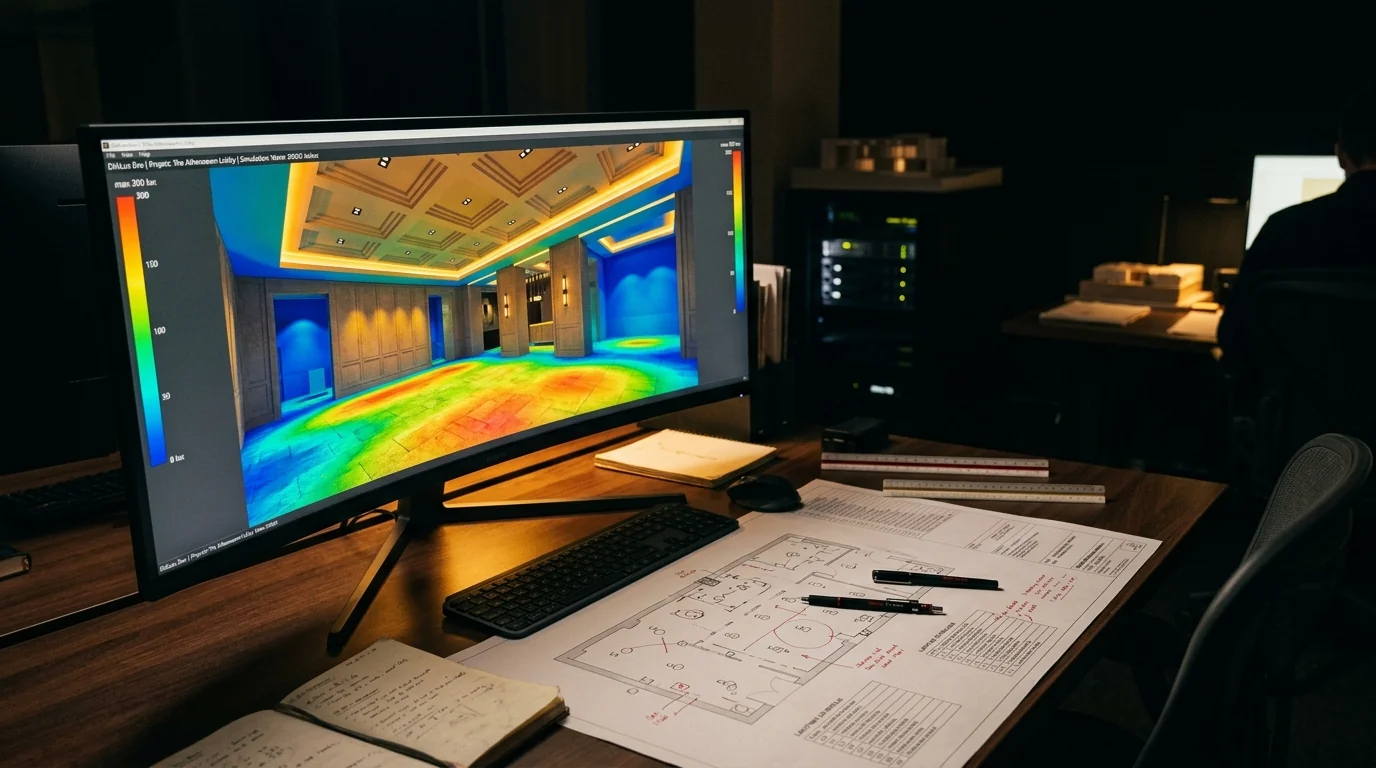 Étude photométrique 3D sous Dialux Evo et calcul d'éclairement en fausses couleurs