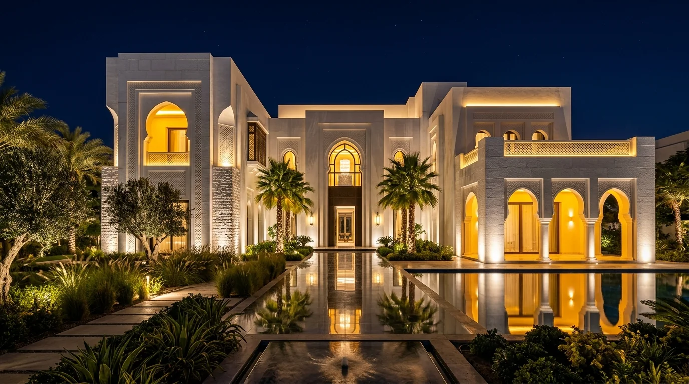 Mise en lumière de façade de villa contemporaine de nuit au Maroc par Welight